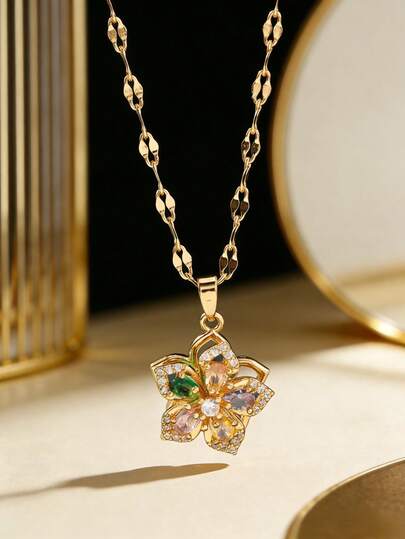 1pc Fashionable Versatile Creative Rotating Five-Petal Flower Pendant Necklace, Elegant Sweet Dopamine Style Jewelry, Suitable For Banquets, Parties, Daily Wear, Can Be A Thoughtful Gift For Friends And Sisters