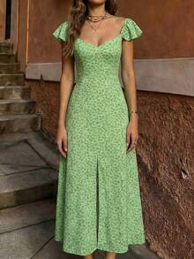 1 Stück Damen Frühling/Sommer V-Ausschnitt Rüschen Saum A-Linie Kleid, blau & weiß Blümchen Muster, elegant für Dates, Pendeln, Ausflüge Urlaub - Verschiedenfarbig - Übersicht 2