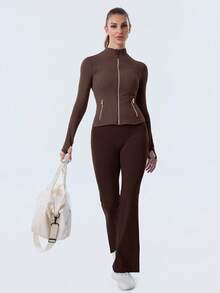 Women's High-Stretch Sculpting BBL Jacket With Thumb Holes Gold Zip Stand Collar Multi-Occasion Activewear Top - Espresso/Vàng - Xem 4