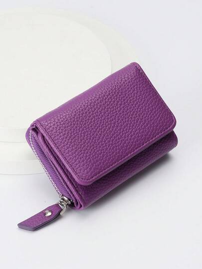 BATSIOE Women's Solid Color Litchi Texture Short Wallet, Zipper Tri-Fold Mini Multifunctional Coin Purse