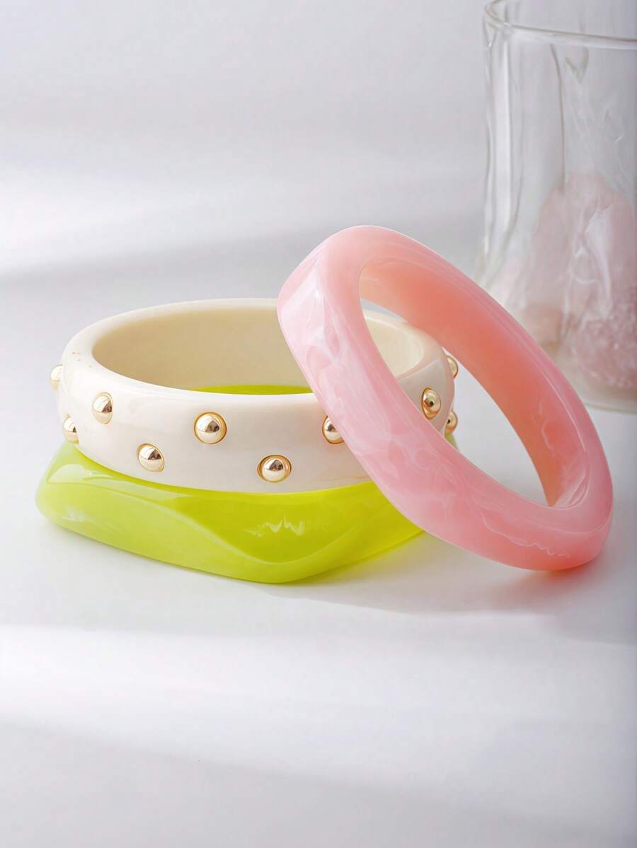 Set de 3 piezas/1 pieza de brazaletes geométricos exagerados, accesorio de joyería versátil para uso diario, fiesta, vacaciones, estilo bohemio (el color del teñido anudado de resina puede variar ligeramente por lote, fenómeno normal) - Multicolor - Ver 1