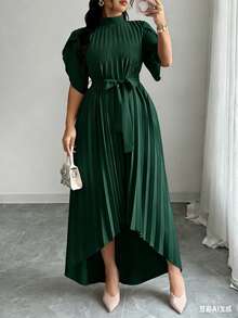 Élégante jupe longue plissée vert olive grande taille, col montant, manches à volants, taille avec lien, ourlet asymétrique, style décontracté de villégiature, nouvelle arrivée printemps/été 2026 pour femmes - Vert sapin - Voir 3