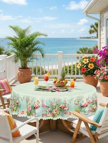 1pc Tropical Flamingo Hibiscus Print Round & Rectangle White Tablecloth, Summer Beach Vacation Style Premium Polyester Waterproof Stain Resistant Oil-Proof Dust-Proof Washable Reusable Spring Summer Tablecloth For Home Decor, Kitchen Wedding, Wedding Table, Centrepiece Room Decor, Vintage Decor - Multicolor - View 6