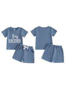 Conjuntos de pantalones cortos de verano para niños, camisetas de manga corta con cuello redondo y bordado de letras, y pantalones cortos de color liso. - Azul - Ver 10