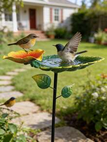 1pc Metal Garden Bird Bath - 28 Inches Tall - A Freestanding, Detachable Bird Bath And Feeder Featuring An Exquisite Leaf-Pattern Design. Thanks To Its Sturdy Construction, This Outdoor Bird Bath Attracts Wild Birds While Adding A Charming Decorative Accent To Your Garden, Patio, Or Lawn. It Makes An Ideal Gift For Bird Enthusiasts On Birthdays, Housewarmings, Mother's Day, Thanksgiving, Or Christmas - Multicolor - View 7