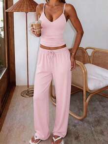 GAOVOT Conjunto de 2 piezas de mujer con camiseta de tirantes de cuello en V profundo sexy y pantalones rectos holgados, para otoño - Rosa - Ver 4