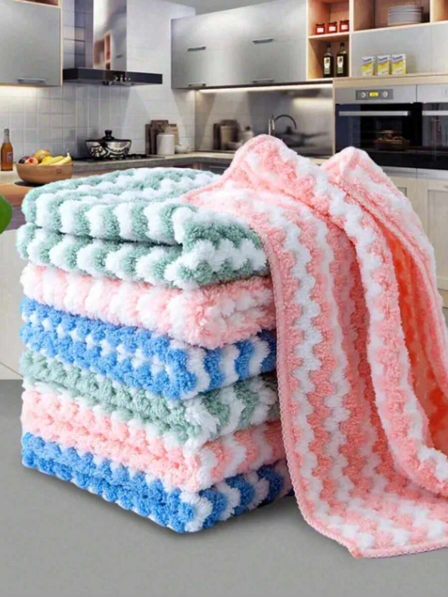 1pc/5pcs/10pcs Thickened Wavy Texture Dishcloth, Striped Coral Fleece Cleaning Cloth, Non-Stick Oil Removal, For Kitchen, Bathroom, Home Supplies - A - View 1