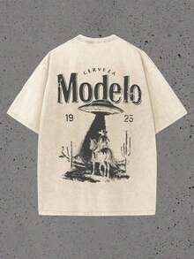 Graphic Tees Men Double Sided Washed Printing Modelo UFO Cowboy Graphic Water Gifts Ropa De Hombre Summer Clothes Summer Summer Tops - 杏色 - 查看 2