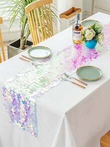 Meerjungfrau Party Tischläufer, 12 X 84 Zoll Pailletten Tischläufer, glitzernder holografischer Meerjungfrauen bunter Pailletten Tischdecke für Ozean Geburtstags Party - Verschiedenfarbig - Übersicht 4