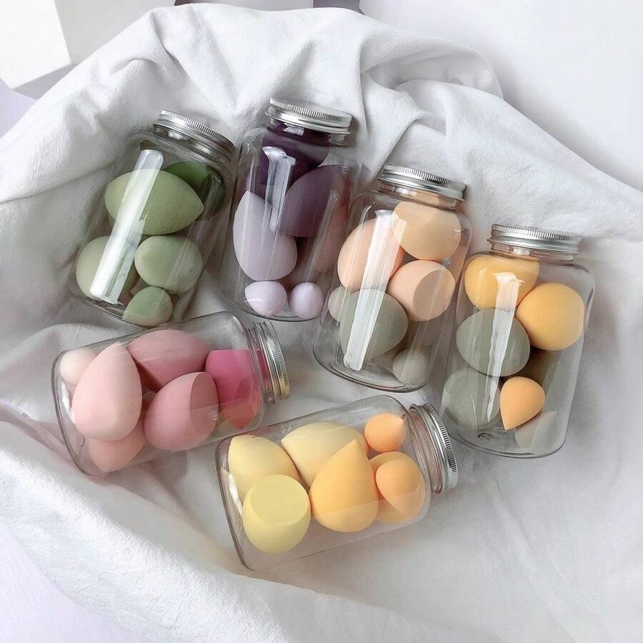 14/7件組化妝海綿套組－無乳膠化妝海綿與天鵝絨粉撲，適用液態/霜狀/粉狀底妝，附便攜收納瓶，多色可選（14件組：海綿＋粉撲；7件組：4大＋3小） - 彩色 - 查看 1