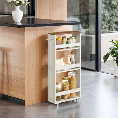 VASAGLE Slim Rolling Cart, 4-Tier Storage Organizer With Handle, Small Space, Laundry Room, Bathroom, White And Brown