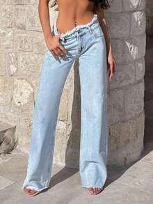 Women's Casual Loose Frayed Waist Wide Leg Jeans, Fashionable And Slimming, Suitable For Spring And Autumn - Light Blue - View 10