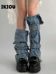 Ống giữ ấm chân bất đối xứng theo phong cách văn hóa Y2K với thiết kế dây đeo, thẩm mỹ cá tính. - Màu xanh lam (phù hợp với bắp chân có chu vi lên đến 38cm) - Xem 4