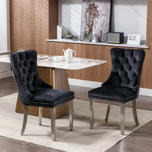 Nikki Modern High-End Collection Of Contemporary Quilted Velvet Upholstered Solid Wood Dining Chairs With Stainless Steel Legs And Rivet Decoration, Set Of Two Handles, Beige, DE1701BG - 黑色 - View 1