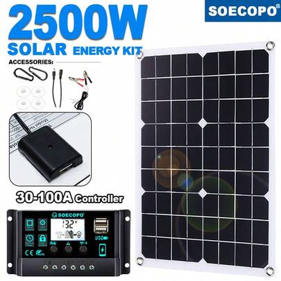 Hệ thống năng lượng mặt trời hoàn chỉnh 2500W kèm bộ điều khiển, tấm pin năng lượng mặt trời USB, bộ điều khiển 100A, biến tần 12V/24V, thích hợp cho gia đình, xe RV, cắm trại, chống thấm nước.