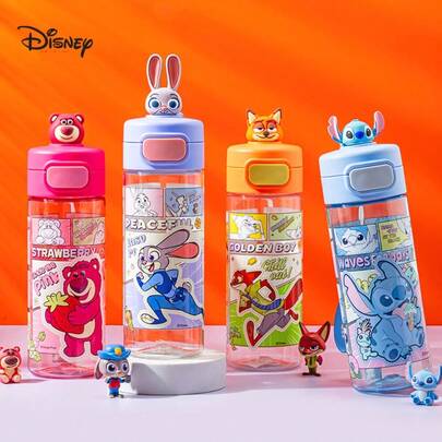 Disney 可爱卡通动物造型水瓶，防漏便携透明水壶，配有3D动物造型瓶盖和挂绳，可重复使用，适合日常使用、户外、健身、旅行，也是送给动漫迷的礼物。