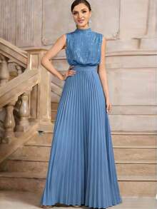 Vestido de noche formal de encaje y parches con botones, sin mangas para fiesta de boda - Celeste - Ver 1