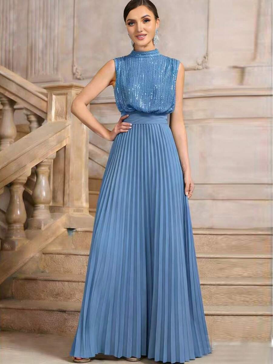 Vestido de noche formal de encaje y parches con botones, sin mangas para fiesta de boda - Celeste - Ver 1