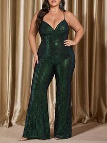 Voworia Plus Women's V-Neck Back Straps Design Backless Slim-Fitting Sequin Temperament-Wrap Flared Pants Party Spring - Green - View 1