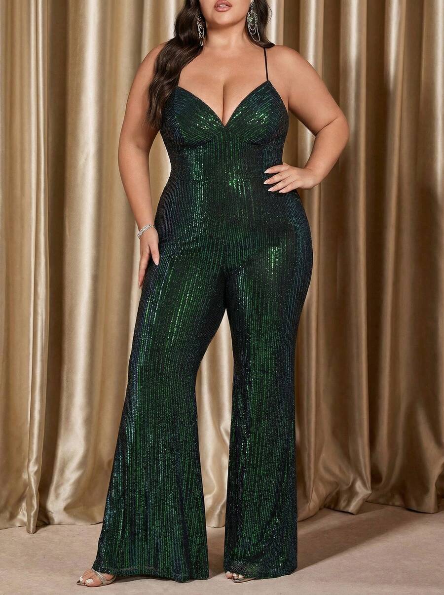 Voworia Plus Women's V-Neck Back Straps Design Backless Slim-Fitting Sequin Temperament-Wrap Flared Pants Party Spring - Green - View 1