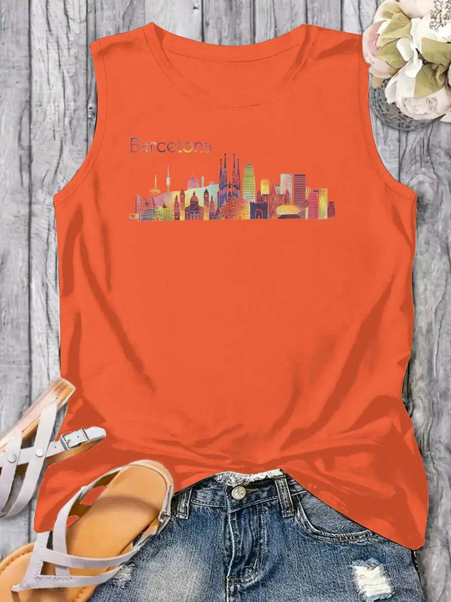 Women'S Plus Size Travel Barcelona Spain Europe Spain Family Vacation Print Casual Tank Top, Breathable Sleeveless Vest, Summer Vacation & Workout Gym Cami, Machine Washable Round Neck Vest Shirt - Màu Cam san hô - Xem 1