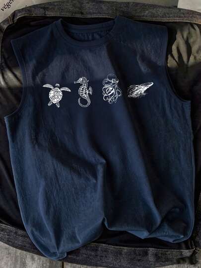 Áo tank top không tay in hình sinh vật biển cỡ lớn, áo vest cổ tròn dáng rộng mùa hè đi biển dành cho nữ.