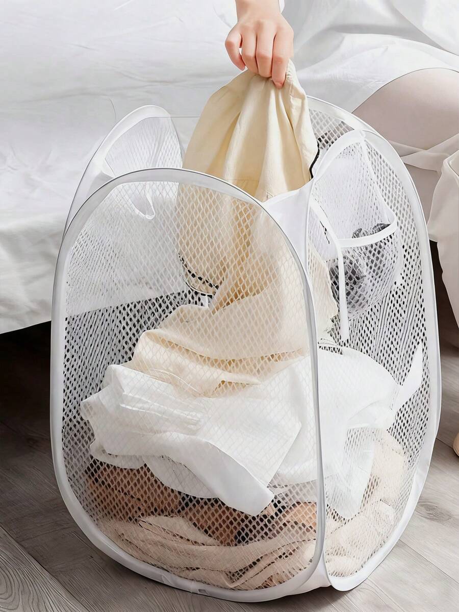 1 Giỏ đựng quần áo bẩn bằng lưới gấp gọn màu trắng, giỏ đựng quần áo dung tích lớn có tay cầm, giỏ đựng quần áo bẩn trong phòng tắm, thùng đựng quần áo, hộp đựng đồ chơi và đồ dùng linh tinh, thích hợp sử dụng trong nhà, ký túc xá, căn hộ, phòng ngủ, phòng tắm | Tiết kiệm không gian, đồ dùng giặt giũ và phòng tắm, phụ kiện phòng tắm, phụ kiện du lịch, đồ dùng học tập, quà tặng Ngày của Mẹ