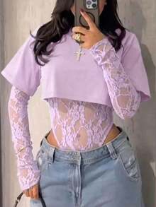 Body entero de encaje transparente para mujer, manga larga tul estampado floral, estilo sensual elegante, ideal para uso diario, citas, fiestas y espectáculos primavera verano - Púrpura malva - Ver 3