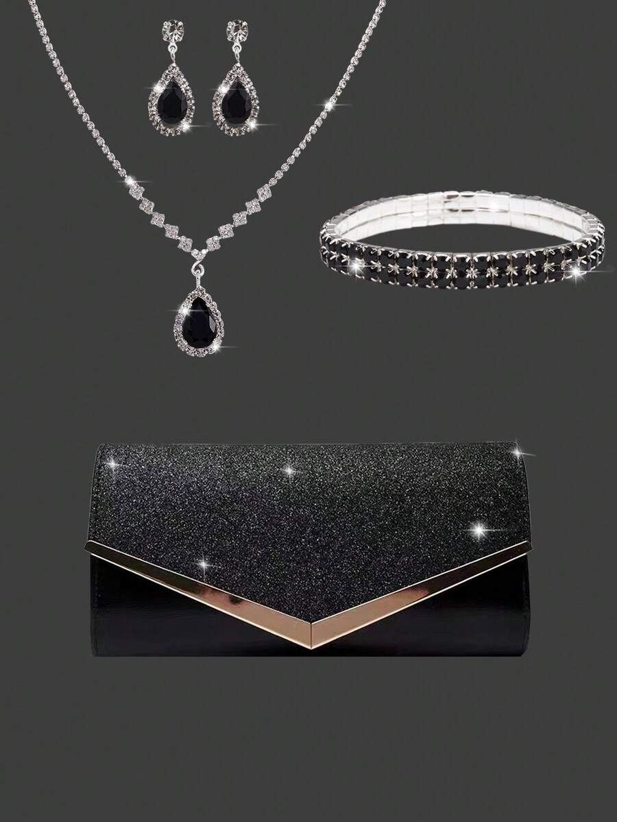 4pcs Rhinestone Jewelry Set, Shiny Necklace Earrings Bracelet, Women's Evening Clutch Bag, Bridal Wedding Shiny V-Shaped Flap Envelope Clutch Bag With Detachable Metal Chain, Suitable For Gala, Wedding And Party, Women's Shoulder Bag, Women's Clutch Bag, Women's Evening Handbag, Multifunctional Shiny Handbag, New Cocktail Wedding Wallet Banquet Bag, Suitable For Bride And Bridesmaids - Black - View 1