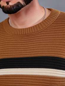 Men's Knitted Sweater, Round Neck, Long Sleeve, Premium Wool, Basic And Comfortable Winter Clothing - Caramelo com Preto - 查看 4