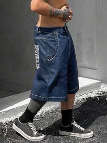 Globe Swift Men's Embroidery Printed Denim Shorts, Emo Style - Dark Wash - View 5