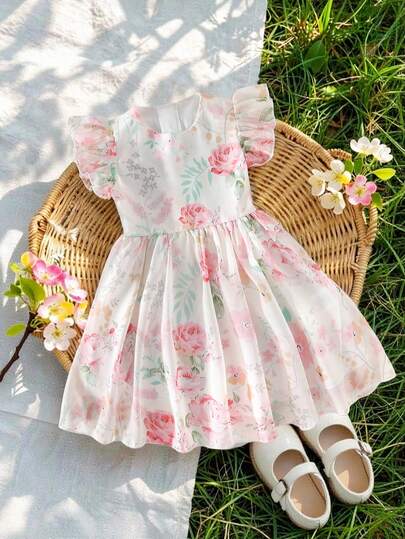 Young Girl Elegant Floral Print Chiffon Waist Cinched Short Dress, Casual Summer Dress For Girls