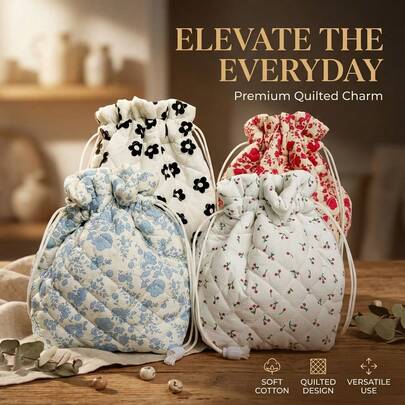 Diamond Quilted Drawstring Cosmetic Bag, Floral Print Portable Storage Pouch, Vintage French Style Multifunctional Organizer Bag For Women