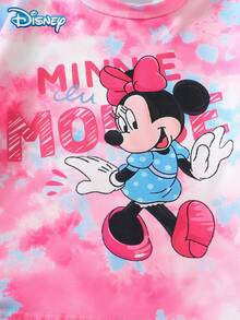 Disney 迪士尼可爱米妮印花两件套，夏季女童时尚休闲短裤套装，扎染印花圆领短袖上衣搭配松紧腰短裤，女童日常百搭柔软透气童装，可爱活力套装，节日礼物佳选 - 粉色 - 查看 5