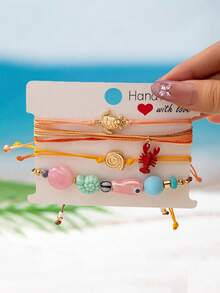 4pcs/Set Handmade Bohemian Style Ocean Theme Turtle, Red Lobster, Fish Pendant Bracelet, Suitable For Summer Beach Boho Accessories - Multicolor - View 4