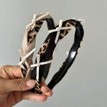 1件优雅豹纹珍珠蝴蝶结发箍，时尚交叉发饰，高冠发箍，夏季、假日、旅行 - 彩色 - 查看 2