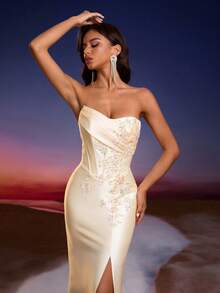 Elisanya Anymoon Luxury Sequin Lace Strapless Side Slit Mermaid Formal Dress Party Yellow - Yellow - View 8