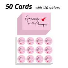50张感谢卡，配120张感谢贴纸，西班牙语“Gracias Por Tu Compra”字样，尺寸9x5.4厘米/3.5x2.1英寸，适用于网店、个人店铺、手工制品店、肥皂店、社区商店、工艺品零售店、趣味商店，通用标签 - 50PCS卡片+120PCS貼紙套裝 - 查看 8