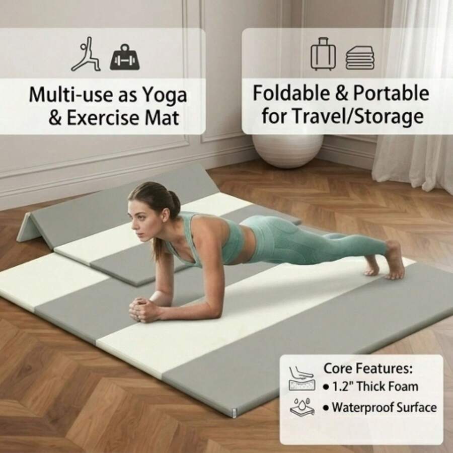 47"X47"X1.2" Foldable Yoga Mat & Exercise Mat, Waterproof Playmats For Floor, Thicken Foam Playmat For Tummy Time & Crawling,  Playpen Mat, Portable Floor Mat For Home Family Living Room, Beige+Grey - Beige+Grey - View 1
