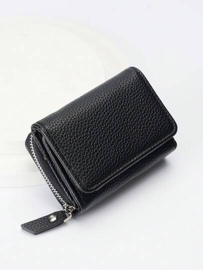 BATSIOE Damen Einfarbige Litchi-Textur Kurze Geldbörse, Reißverschluss Dreifach-Falten Mini Multifunktions Münzbörse