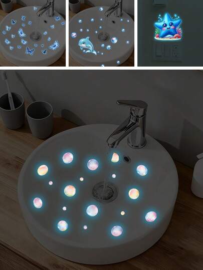 BRUP 1Pc Glow In The Dark Bubble & Ocean Animal Wall Stickers –Bathroom Decor For Kids Room, Self-Adhesive Luminous Stickers With Dolphin, Butterfly & Starfish Design