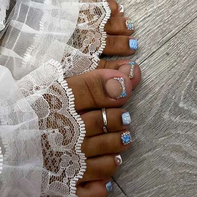 24pcs French Tip Press On Toenails Short Square Press On Toenails 3D Water Drop Decoration Blue Design With Rhinestone Fashion Y2K Style Surface Glossy Full Cover Fake Nails For Women And Girls Daily Wear