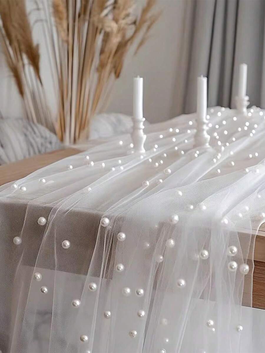 1 pieza Decoración de fondo de gasa blanca perla, Prop de fotografía, Decoración de escena de boda y cumpleaños, Gasa transparente, Decoración de mesa de postres, Mantel de tul para mesa, Mantel de boda al aire libre de gasa perlada - Hilo de perlas - Ver 1