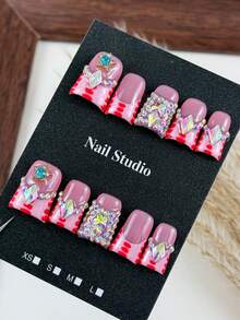 10pcs High-End Sweet And Cool Style, Hand-Painted Spot Patterns, Five-Pointed Star Diamonds, Dazzling Stacked Diamonds Handmade Fake Nails, Suitable For Sister Outings For Shopping, Taking Photos And Posting Them, As Well As Afternoon Tea. - Baby Pink - View 4