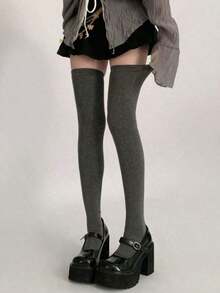 Solid Color Simple Style Warm Over The Knee Thigh High Socks For Autumn And Winter - Black - View 6