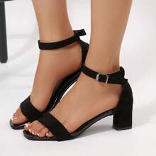 Women's Chunky Heel Open Toe One-Strap Square Toe Sandals, Minimalist Commuter Style, Black High Heel Sandals For Summer - Black - View 5