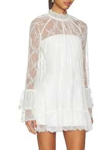 Women See Through Long Sleeve Lace Mini Dress Ruffle Layered Sheer Lace Short Dresses Sexy Going Out Cover Up Dresses(No Lining) - White - View 3