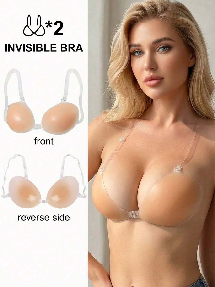 2/1 Pc Silicone Bra Set, With Straps, Padded, Invisible, Push-Up, Waterproof & Skin-Friendly, Suitable For Women - Multicolor - View 1