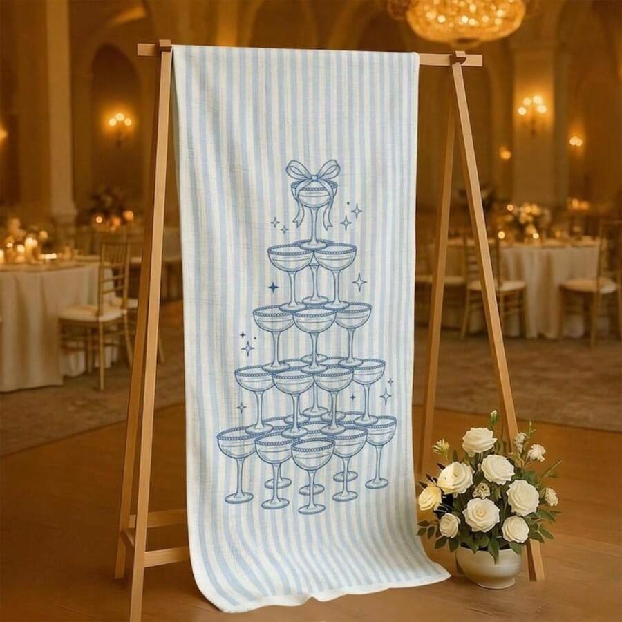 Bachelorette Party Banner: Cotton Linen Tapestry Champagne Tower Blue Striped, Ideal Gift For Friends & Family, Home Decor, Room Decor, Wedding/Bachelorette Party Decor, Indoor Tablecloth Decor - View 1