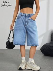 Celana Pendek Bermuda Denim Polos Wanita Kasual Musim Panas - Light Wash - View 6